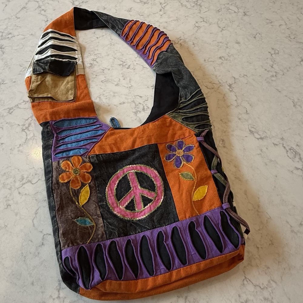 Patchwork Bag Peace Love Hippie Boho 100% Cotton Made in Nepal Zip-Close Festiva